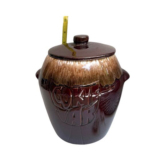 VTG McCoy Brown Drip COOKIE JAR Canister & Lid 9.25" Bean Pot Handles 60's Style - Picture 6 of 7